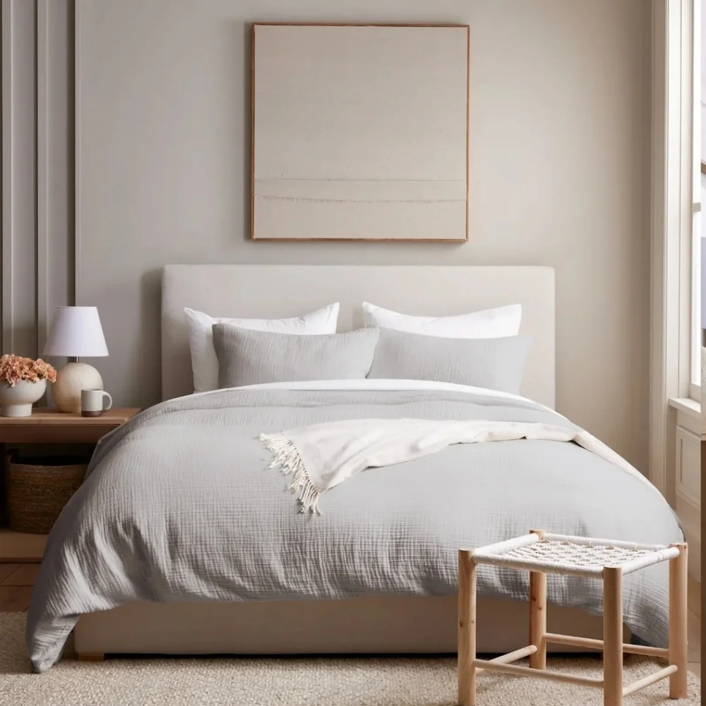 NWT Quince Organic Cotton Airy Gauze Fog Gray Duvet Cover Set! Full/ Queen (672)